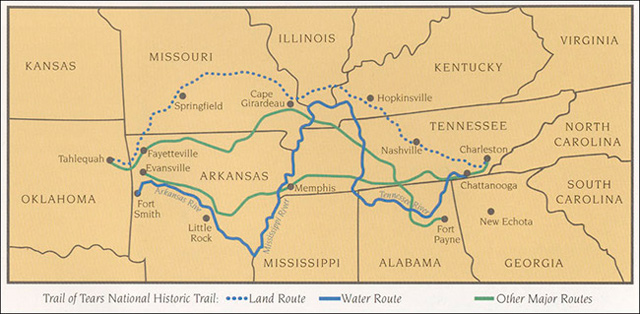 REMEMBERING THE TRAIL. Route of the Trail of Tears outlined by the US National Park Service. Picture from Southern Spaces/NPS