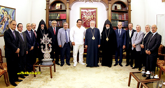 Armenian businessman Gagik Tsarukyan and His Holiness Aram I (center) during the former's visit to the Catholicosate Friday