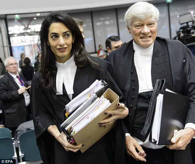 Legal representative: Amal Clooney, and Geoffrey Robertson, QC of Doughty Street Chambers, arrive for the at the European Court of Human Rights  in Strasbourg