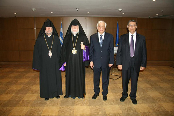 Hi Holiness Aram I (center left) with Greek President Prokopios Pvlopoulos (center right) (Source: Public Radio of Armenia)