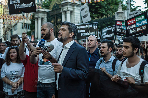 Garo Paylan, newly elected Turkish parliament member, speaks to protesters at a rally in Istanbul organized by the Nor Zartonk youth movement (Source: Docu Press Agency)