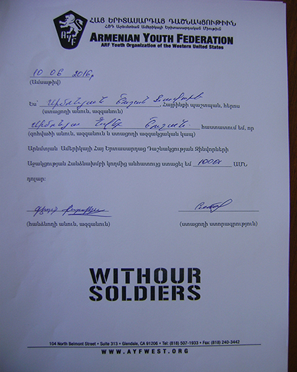 Nver Simonyan's family received $1,000 from the 'With Our Soldiers' campaign.