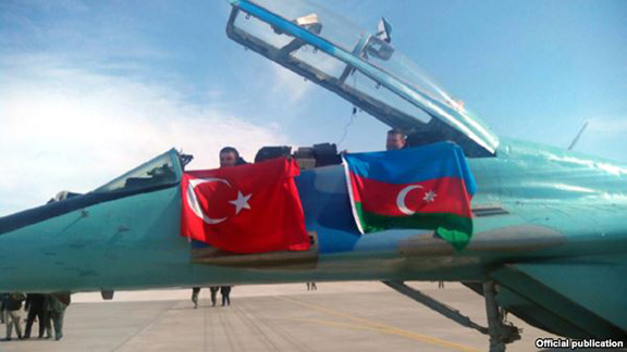 Turkish and Azerbaijani flags displayed during joint exercises held by the air forces of the two countries near Konya, March, 2015 (Source: RFE/RL)