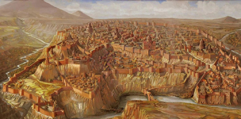 Illustration of Ani, the capitol city of medieval Armenian kingdom of the Bagratuni dynasty (961 C.E.)