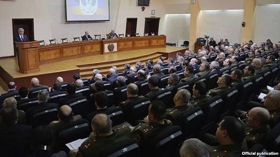 President Serzh Sarkisian addresses the top army brass in Yerevan on March 21. (Source: RFE/RL)