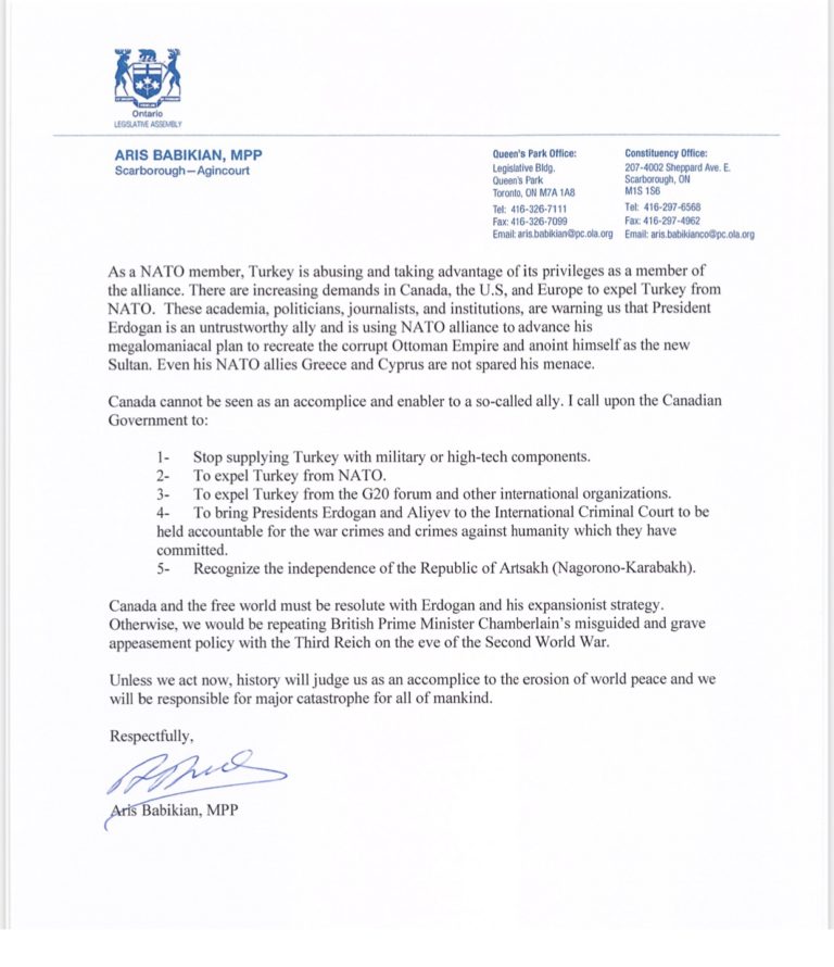 MPP Aris Babikian’s Letter to the Prime Minister of Canada
